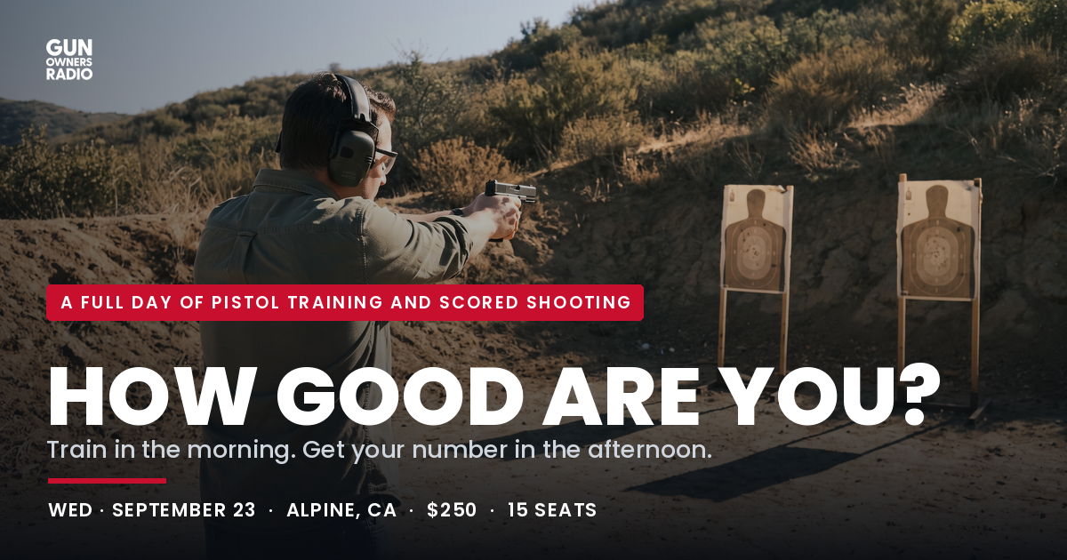 A shooter in hearing and eye protection at full two-handed presentation on an outdoor range in Alpine, California, with two scored silhouette targets downrange.
